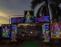 Night image of decorated coloured LED ight pandal