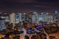 Dec 10, 2019 - Paris, France: Aerial drone shot of La Defense CBD buildings complex in the evening from Courbevoie side