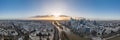 Dec 13, 2019 - Paris, France: Aerial pano drone shot of La Defense skyscraper complex during sunset hour