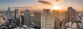 Dec 13, 2019 - Paris, France: Aerial pano drone shot of La Defense skyscraper complex during sunset hours