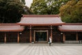 Meiji Jingu Shrine wooden gate and corridor with tourists - Tokyo