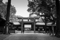 Wooden Torii gate of Meiji Jingu Shrine under big tree in Tokyo. Black and white image Royalty Free Stock Photo