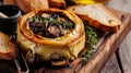 Decadent Baked Brie Delight: Puff Pastry and Mushroom Envelope, Served with a Rustic Bread and Crack