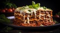 A decadent beef lasagna arranged on a contemporary porcelain plate, set against, AI generated