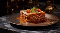 A decadent beef lasagna served on a contemporary white ceramic platter, adorned, AI generated