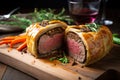 Decadent Beef Wellington with Golden Pastry and Earthy Mushroom Filling, Served with Fresh Herbs and Roasted Vegetables
