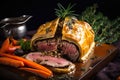 Decadent Beef Wellington with Golden Pastry and Earthy Mushroom Filling, Served with Fresh Herbs and Roasted Vegetables