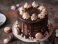 Decadent Birthday Cake with Chocolate Ganache Piped Rosettes and Macarons Royalty Free Stock Photo