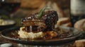 Decadent braised beef short ribs with creamy mashed potatoes, rustic bread, and red wine delight Royalty Free Stock Photo