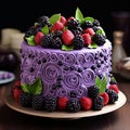 Decadent cake named 'Berry Bliss' with vibrant, plump berries bursting from the center