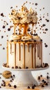Decadent Caramel Drizzle Cake with Chocolate Chips and Whipped Cream on Elegant White Stand against Neutral Background