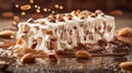 Decadent Caramel Drizzle on Creamy Almond Ice Cream Bar with Whole Nuts on Rustic Wooden Background