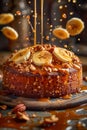 Decadent Caramel Drizzled Banana Nut Cake with Splashing Syrup, Whole Bananas, and Chopped Nuts on Rustic Table Setting