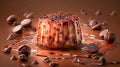 Decadent Caramel Drizzled Chocolate Chip Pudding on Brown Background for Gourmet Dessert Concept