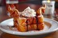 Decadent Caramel Drizzled French Toast with Whipped Cream on a Plate at a Cozy Cafe Setting