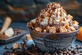 Decadent Caramel Drizzled Ice Cream with Chocolate Chunks in Ceramic Bowl on Rustic Table