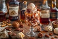 Decadent Caramel Drizzled Pecan Ice Cream Sundae with Bourbon Bottles in Rustic Setting