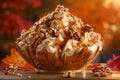 Decadent Caramel Drizzled Pumpkin Dessert with Pecan Toppings on a Festive Autumn Table Setting