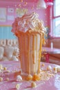 Decadent Caramel Milkshake with Whipped Cream Overflowing in a Retro Diner Setting