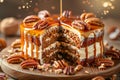 Decadent Caramel Pecan Drizzle Cake on Wooden Stand with Festive Sparklers, Gourmet Dessert Concept