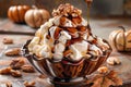 Decadent Caramel Pecan Sundae with Whipped Cream Served in Stylish Bowl, Autumn Dessert Theme with Pumpkins