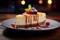 Decadent cheesecake slice, artfully displayed, lures with irresistible temptation