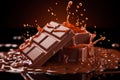 Decadent chocolate bar with splashing chocolate, close up shot of tempting dessert indulgence
