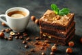 Decadent chocolate brownies with mint and hazelnuts served with coffee and nuts delight Royalty Free Stock Photo