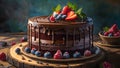 Decadent chocolate cake adorned with luscious fruits.