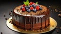 Decadent chocolate cake adorned with luscious fruits.