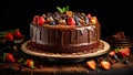 Decadent chocolate cake adorned with luscious fruits.