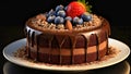 Decadent chocolate cake adorned with luscious fruits.