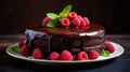 Decadent chocolate cake with raspberries and mint on top