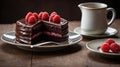 Chocolate Raspberry Cake with Coffee on Wooden Table, Slice Removed and Served Royalty Free Stock Photo