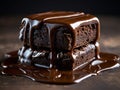 Decadent chocolate cake and sauce on dark surface.