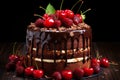 Decadent chocolate cake topped with fresh berries, juicy strawberries, and ripe cherries Royalty Free Stock Photo