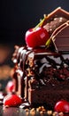 Decadent chocolate cake topped with luscious cherries, drizzled with rich chocolate sauce. For creating recipes on