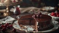 Rich chocolate cheesecake, melting glaze, antique tableware, and gentle overhead lighting Royalty Free Stock Photo