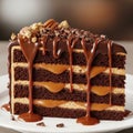 Decadent chocolate layer cake drizzled with caramel and topped with pecans Royalty Free Stock Photo