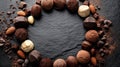 Decadent Chocolate Truffles and Nuts Frame on Dark Slate Background Royalty Free Stock Photo