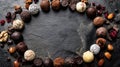 Decadent Chocolate Truffles and Nuts Frame on Dark Slate Background Royalty Free Stock Photo