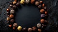 Decadent Chocolate Truffles and Nuts Frame on Dark Slate Background Royalty Free Stock Photo