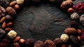 Decadent Chocolate Truffles and Nuts Frame on Dark Slate Background Royalty Free Stock Photo