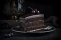 Decadent Delight: A Slice of Chocolate Cake on a Silver Plate, ai generative