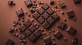 Rich dark chocolate squares and chips on a cocoa background Royalty Free Stock Photo