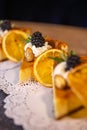 Cheesecake Slices with Orange Slices and Blackberries