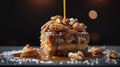 A decadent pile of nuts and caramel drizzled over a delicious piece of cake, Ai Generated