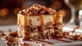 A decadent pile of nuts and caramel drizzled over a delicious piece of cake, Ai Generated