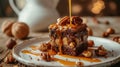 A decadent pile of nuts and caramel drizzled over a delicious piece of cake, Ai Generated