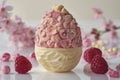 Decadent raspberry mousse cake, beautifully presented in an elegant dessert setting